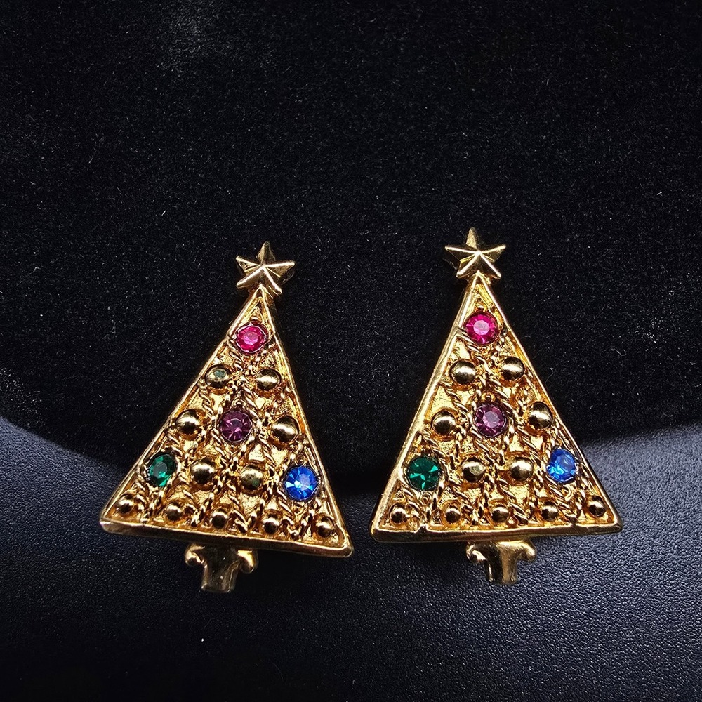 Avon 1992 Rhinestone Christmas Tree Earrings Clip On Vintage Jewelry